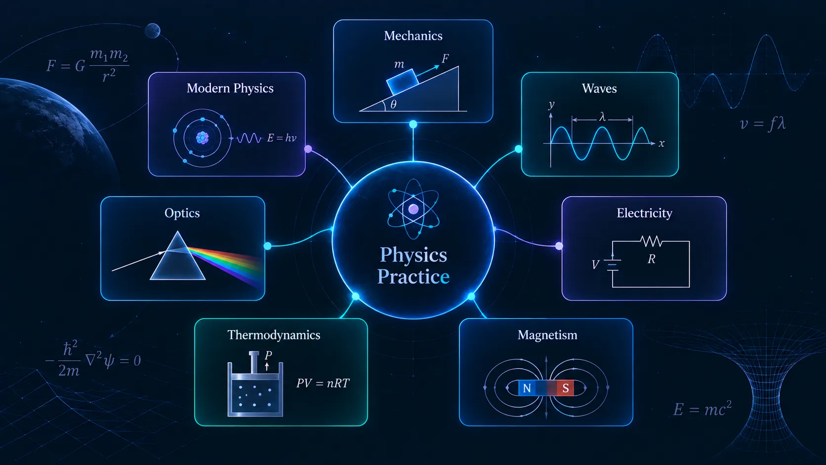 Physics practice problems across major topics